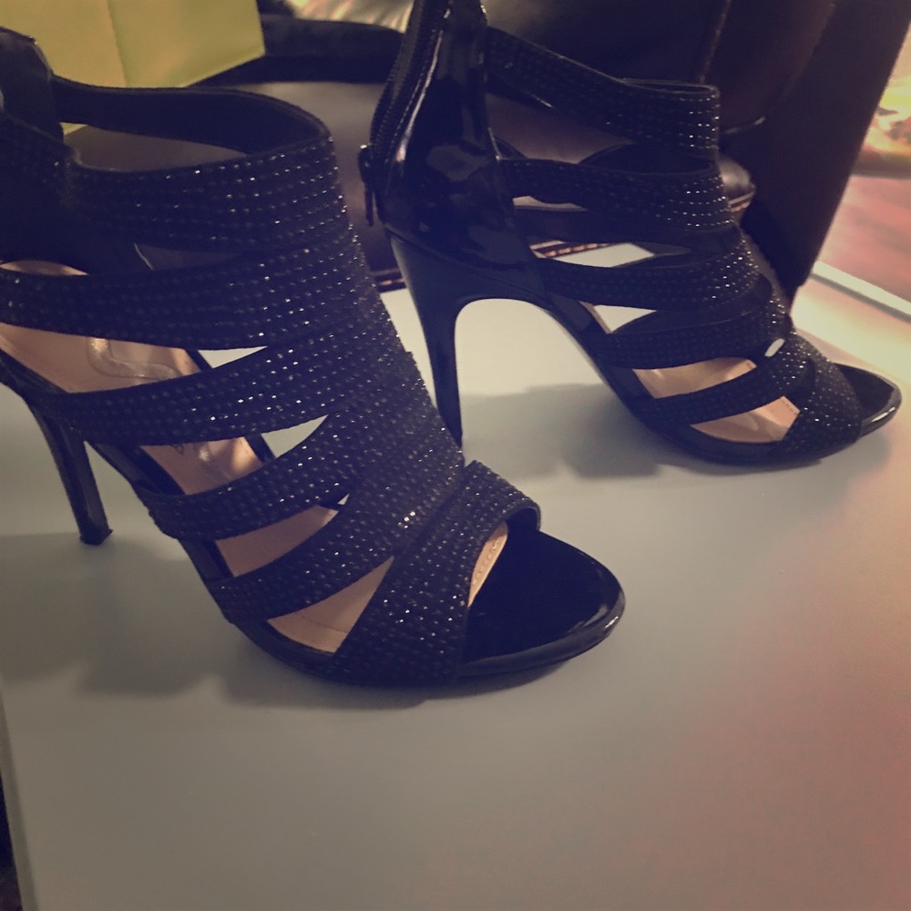 Sparkly black heels with back zipper close